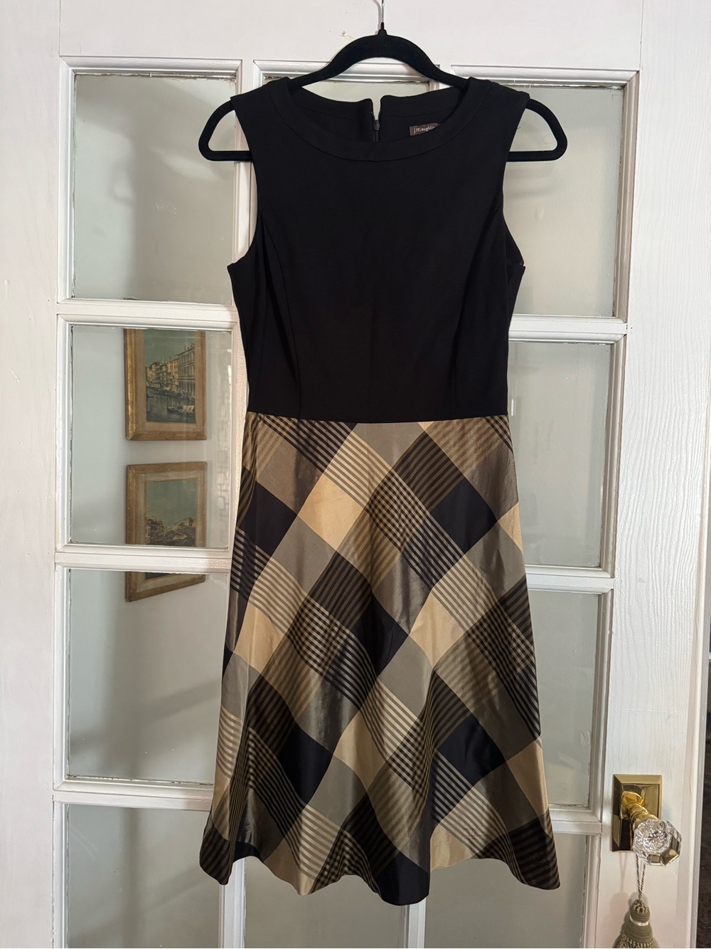 J. McLaughlin Black brown Plaid A-Line Dress holiday party cocktail
